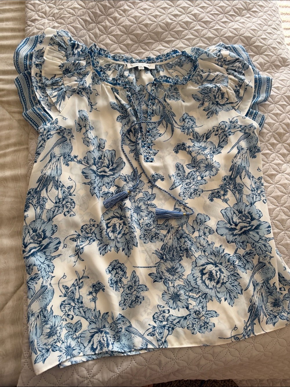 Rose & Olive Blue Floral Tie-Neck Flutter Sleeve Blouse